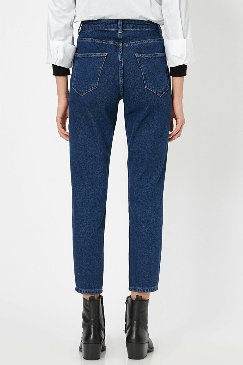Mom Jeans Koyu Mavi Mom Yüksek Bel Kot Pantolon Likralı Solmaz Ekstra Rahat