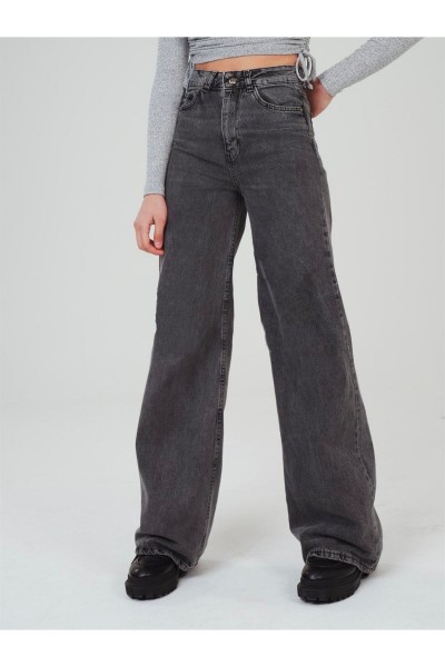 Extra Yüksek Bel Salaş Paça Kadın Füme Kar Yıkama Denim Kot Pantolon