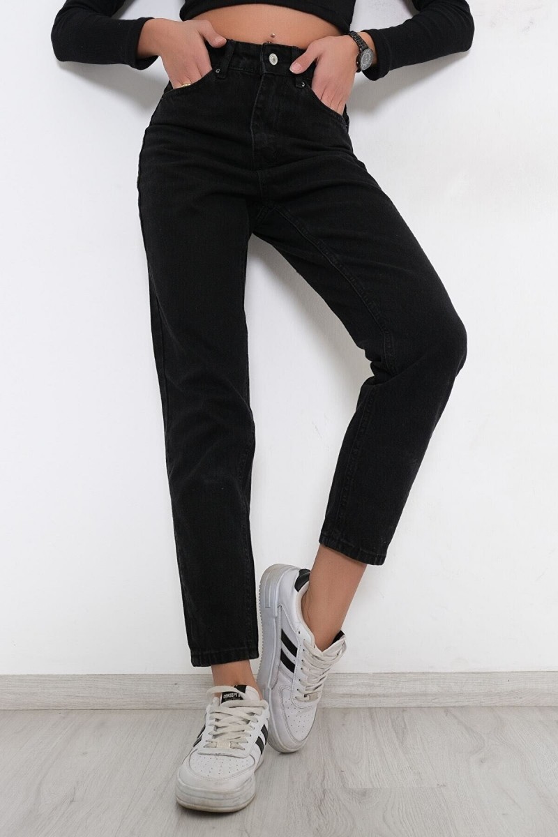 Ekstra Rahat Likralı Solmaz Siyah Yüksek Bel Kot Pantolon Mom Jean Siyah Mom