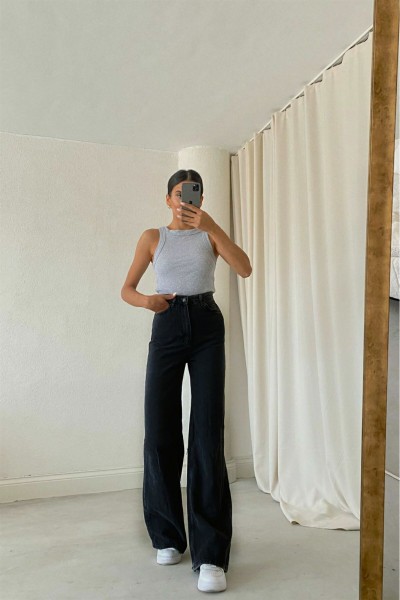 Extra Yüksek Bel Salaş Paça Kadın Siyah Denim Kot Jean