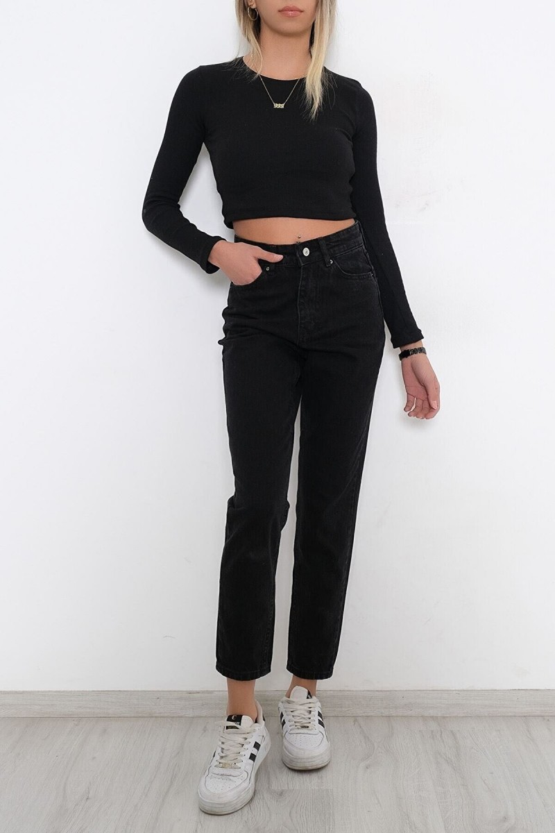 Ekstra Rahat Likralı Solmaz Siyah Yüksek Bel Kot Pantolon Mom Jean Siyah Mom