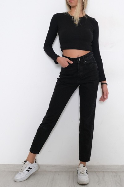 Ekstra Rahat Likralı Solmaz Siyah Yüksek Bel Kot Pantolon Mom Jean Siyah Mom