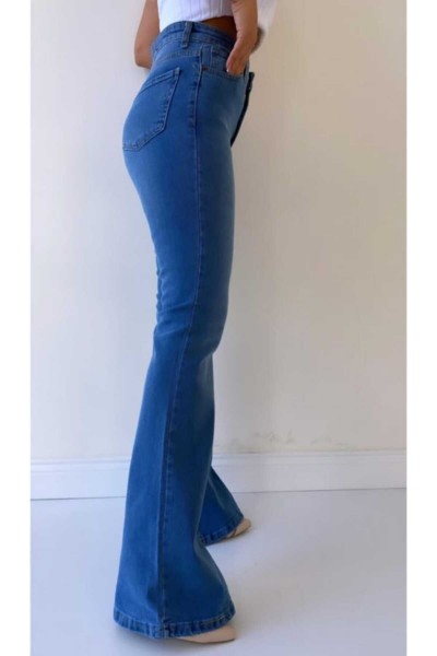 Orta Mavi Ispanyol Paça Yüksek Bel Jeans