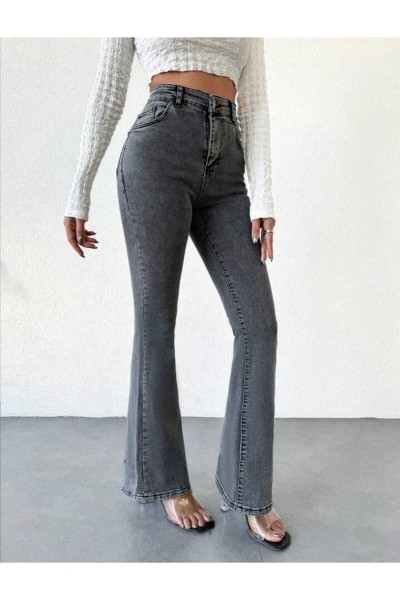 Füme Kar Yıkama Ispanyol Paça Yüksek Bel Jeans