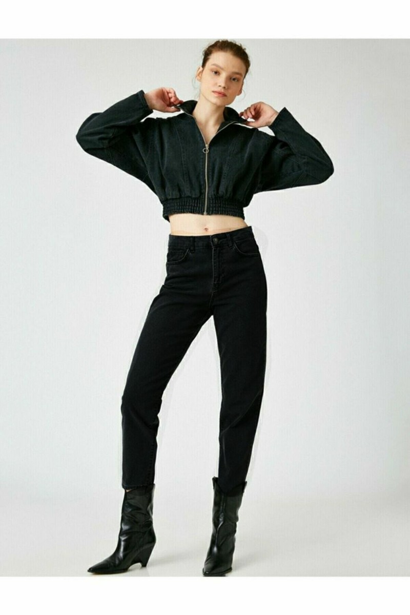 Yüksek Bel Kot Pantolon Mom Jean Siyah Mom Likralı Solmaz Ekstra Rahat