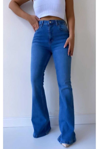Orta Mavi Ispanyol Paça Yüksek Bel Jeans