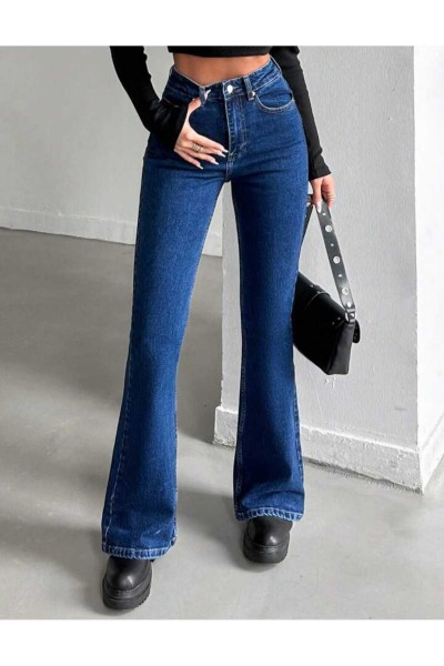 JnsWrld Koyu Mavi Ispanyol Paça Yüksek Bel Jeans JnsWrld