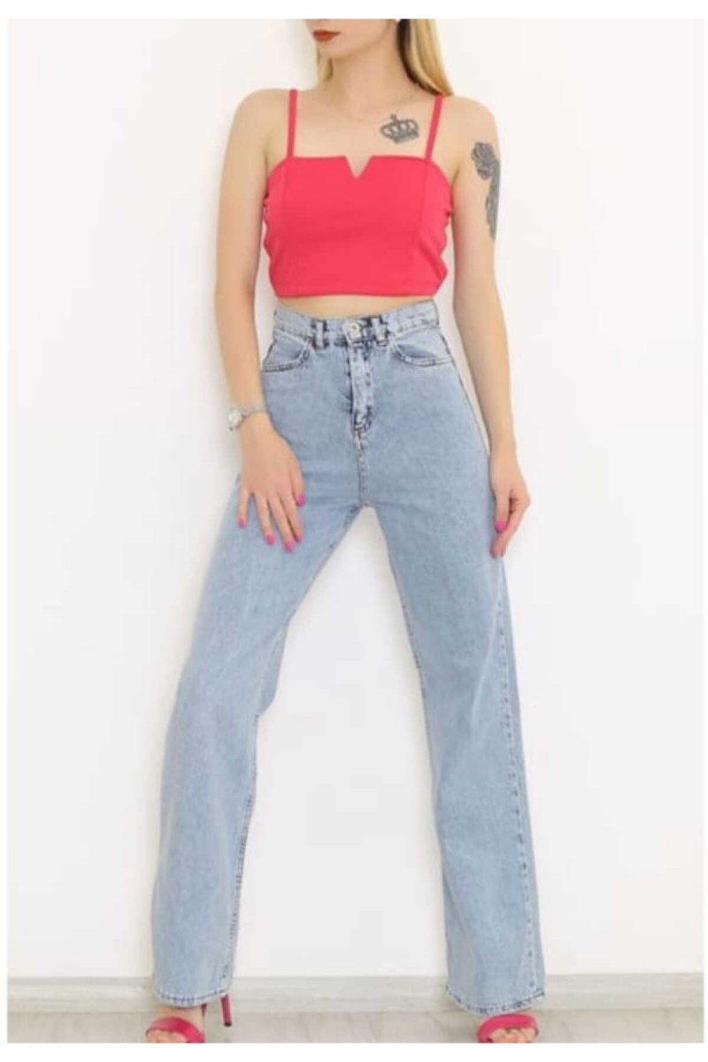 Extra Yüksek Bel Salaş Paça Mavi Kar Yıkama Kadın Kot Jean