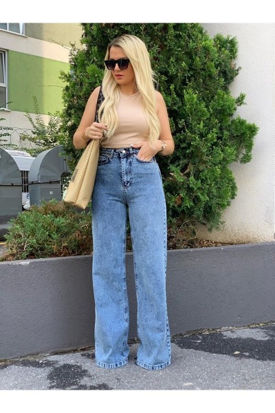 Extra Yüksek Bel Salaş Paça Kadın Kar Yıkama Kot Jeans