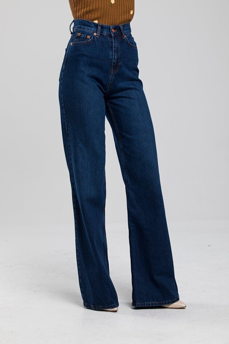 Yüksek Bel Salaş Paça Koyu Mavi Kadın Kot Jeans Yüksek Bel Salaş Paça Koyu Mavi Kadın Kot Jeans