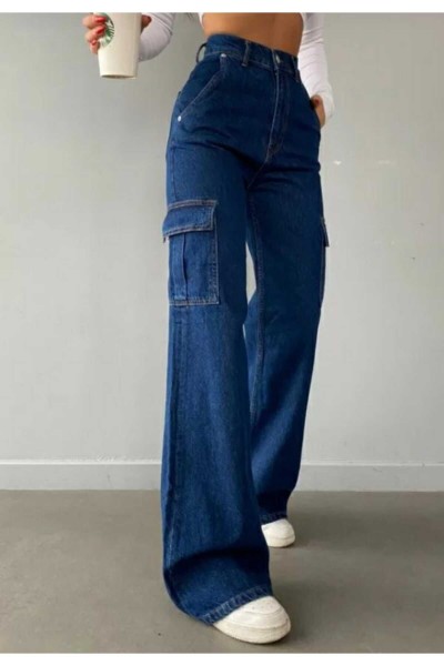 Yüksek Bel Likralı Arka Cepsiz Model Kadın Koyu Kargo Jeans