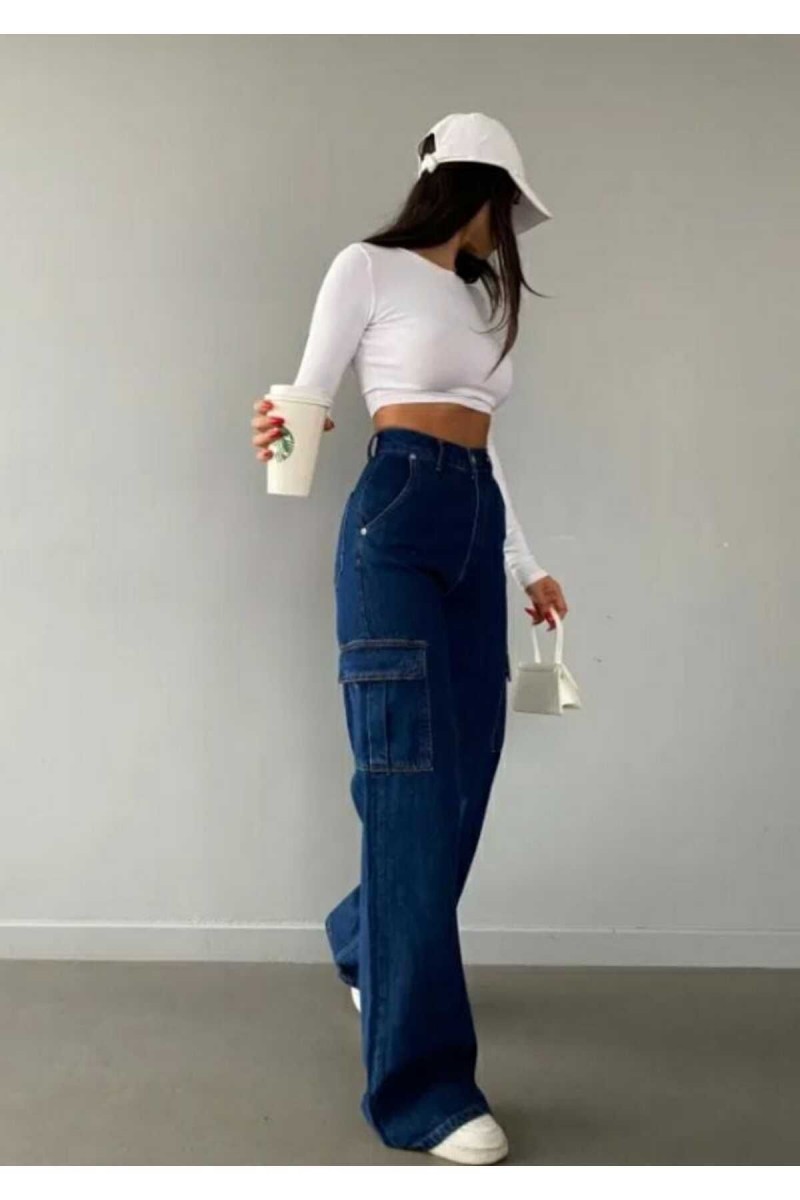 Yüksek Bel Likralı Arka Cepsiz Model Kadın Koyu Kargo Jeans Yüksek Bel Likralı Arka Cepsiz Model Kadın Koyu Kargo Jeans