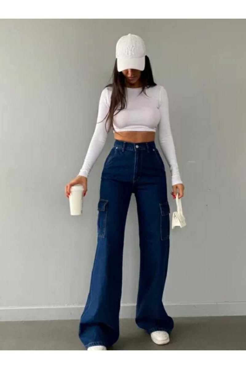Yüksek Bel Likralı Arka Cepsiz Model Kadın Koyu Kargo Jeans Yüksek Bel Likralı Arka Cepsiz Model Kadın Koyu Kargo Jeans