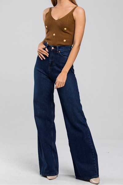 Yüksek Bel Salaş Paça Koyu Mavi Kadın Kot Jeans