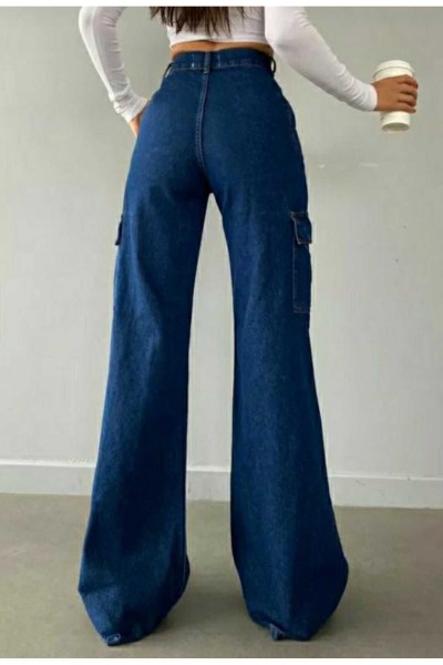 Yüksek Bel Likralı Arka Cepsiz Model Kadın Koyu Kargo Jeans
