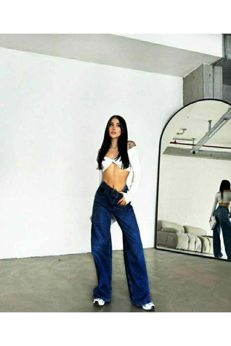 Yüksek Bel Koyu Mavi Wide Leg Pantolon Yüksek Bel Koyu Mavi Wide Leg Pantolon