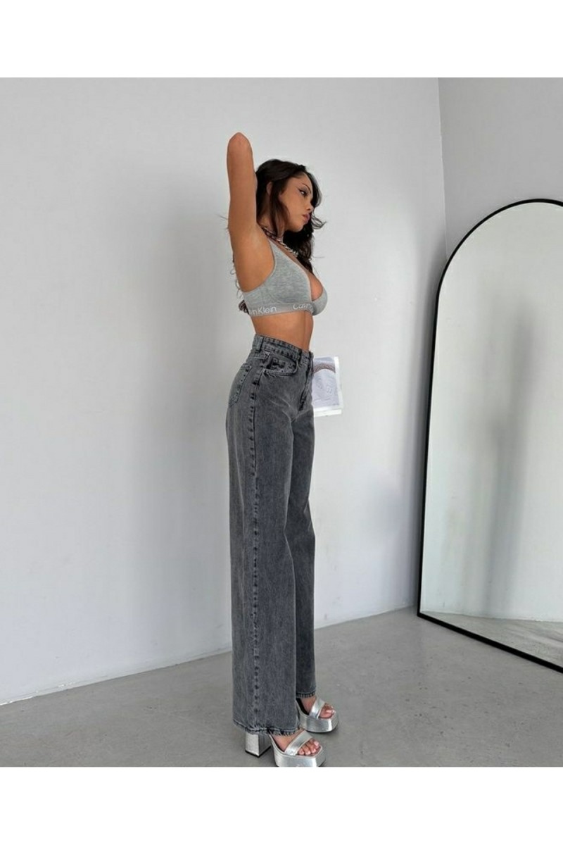 Füme Kar Yıkama Likralı Kadın Süper Yüksek Bel Salaş Paça Denim Kot Salaş Jean
