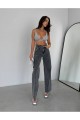 Füme Kar Yıkama Likralı Kadın Süper Yüksek Bel Salaş Paça Denim Kot Salaş Jean