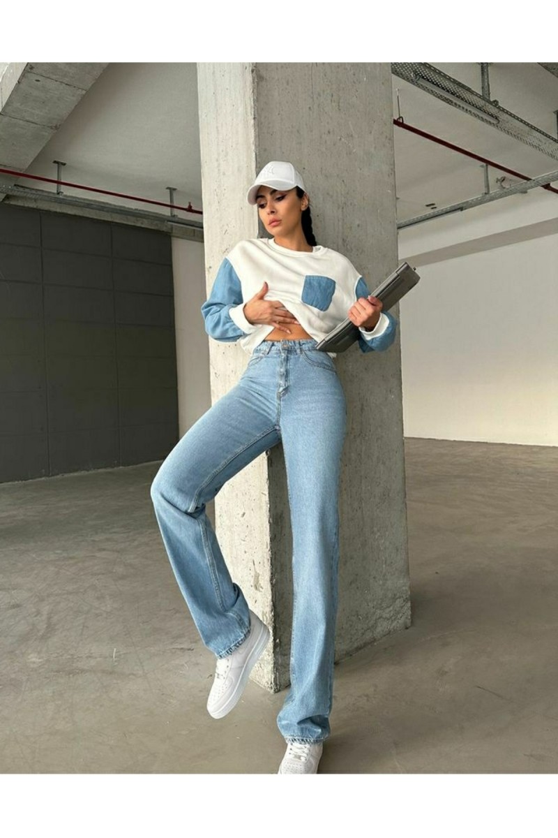 Salaş Süper Yüksek Bel Salaş Paça Açık Mavi Kar Yıkama Likralı Kadın Denim Kot Jean