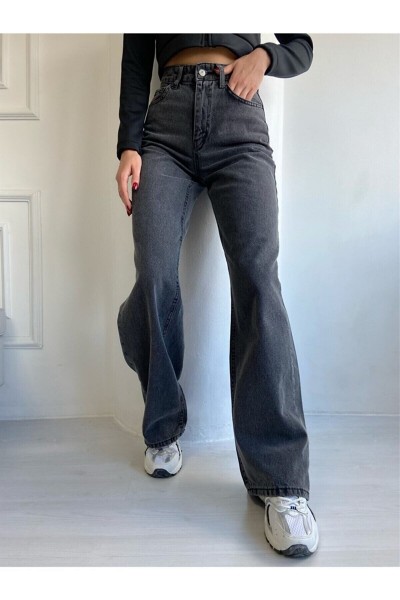 Yüksek Bel Salaş Paça Füme Kar Yıkama Kadın Kot Jeans