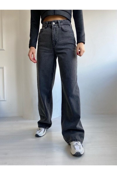 Yüksek Bel Salaş Paça Füme Kar Yıkama Kadın Kot Jeans