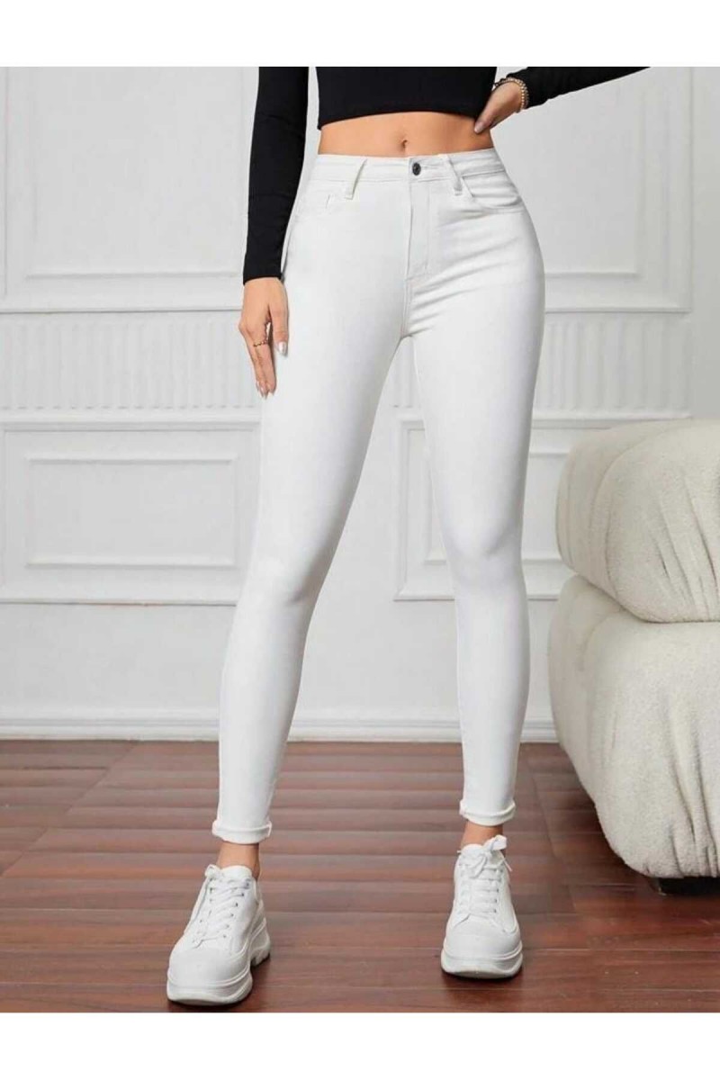 Kadın Bilek Boy Dar Paça Yüksel Bel Beyaz Skinny Likralı Kot Kadın Bilek Boy Dar Paça Yüksel Bel Beyaz Skinny Likralı Kot