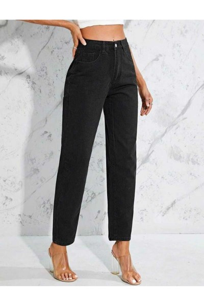 Siyah Likralı Solmaz Kumaş Mom Jeans