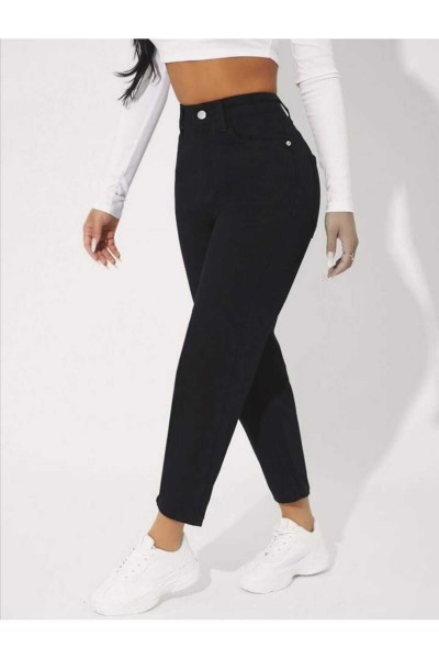 Siyah Yüksek Bel Likralı Mom Jeans