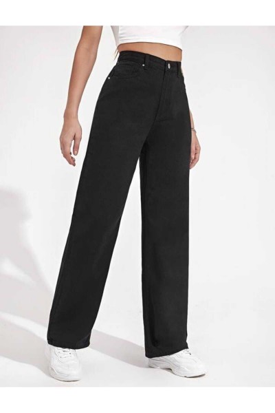 Siyah Solmaz Renk Yüksek Bel Salaş Kot Jeans