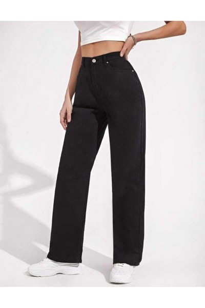 Siyah Solmaz Renk Yüksek Bel Salaş Kot Jeans