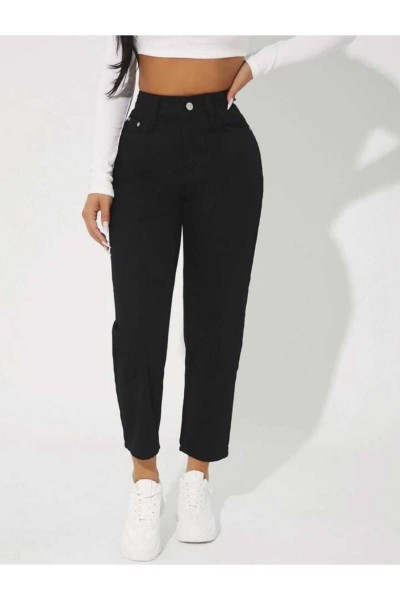 Siyah Yüksek Bel Likralı Mom Jeans