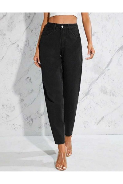 Siyah Solmaz Kumaş Likralı Mom Jeans