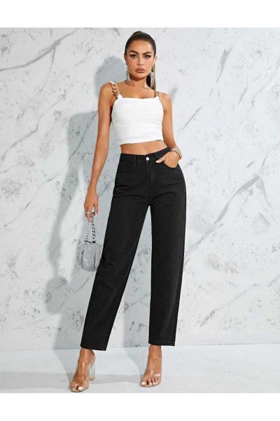 Siyah Likralı Solmaz Kumaş Mom Jeans