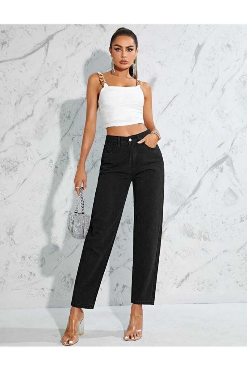 Siyah Likralı Solmaz Kumaş Mom Jeans Siyah Likralı Solmaz Kumaş Mom Jeans