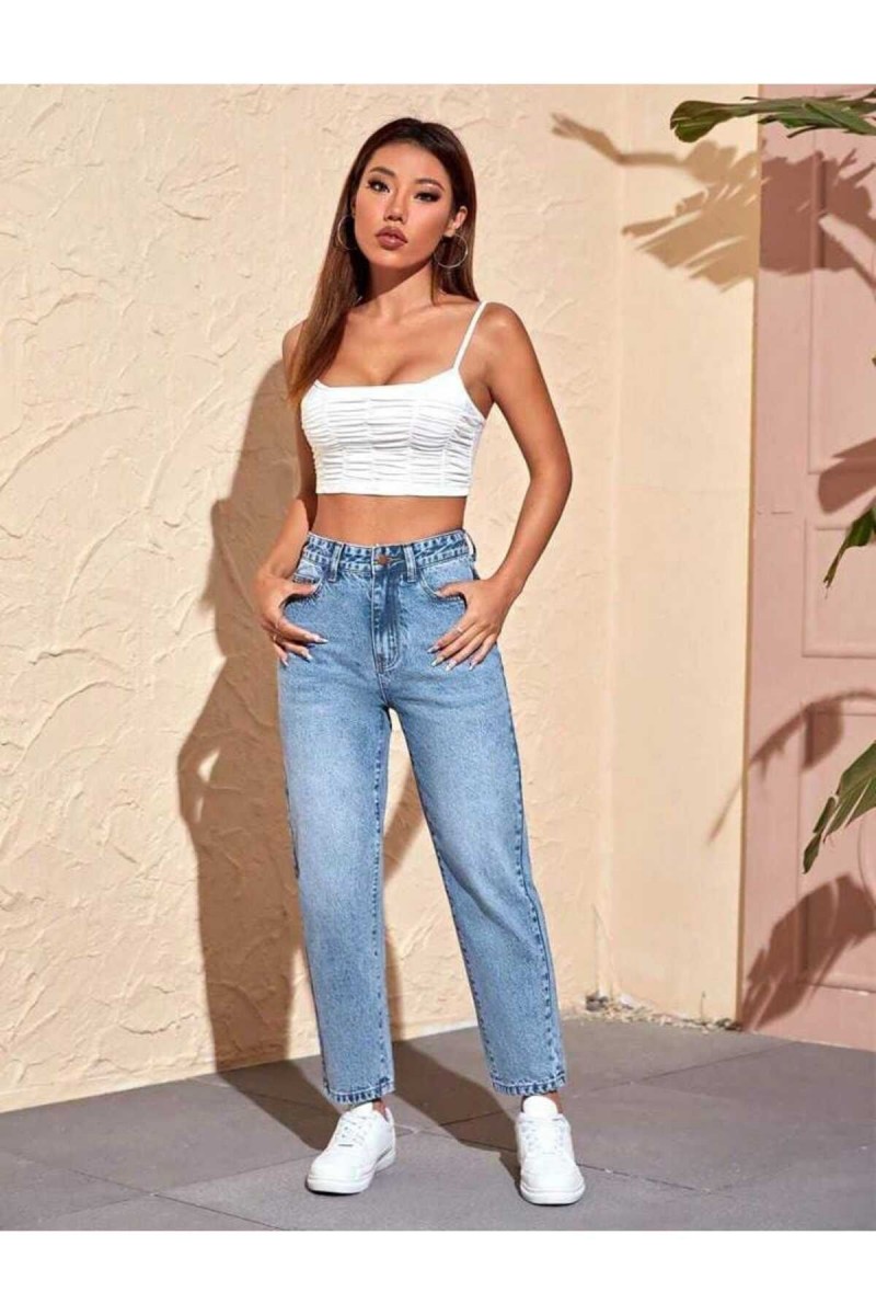 Rahat Mavi Kar Yıkama Likralı Mom Jeans