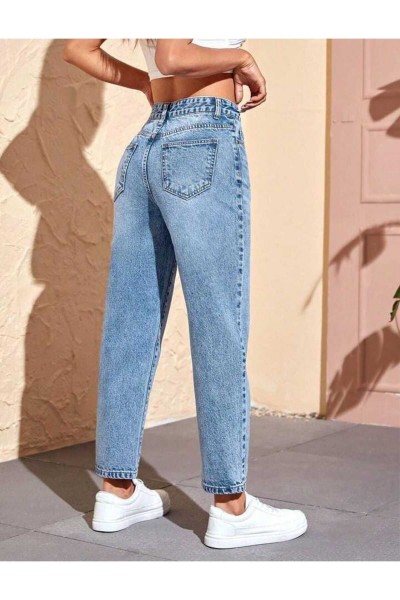 Mavi Kar Yıkama Likralı Mom Jeans