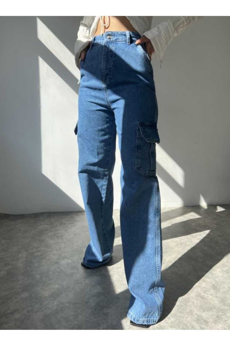 Arka Cepsiz Orta Mavi Likralı Model Kargo Palazzo Pantolon Arka Cepsiz Orta Mavi Likralı Model Kargo Palazzo Pantolon