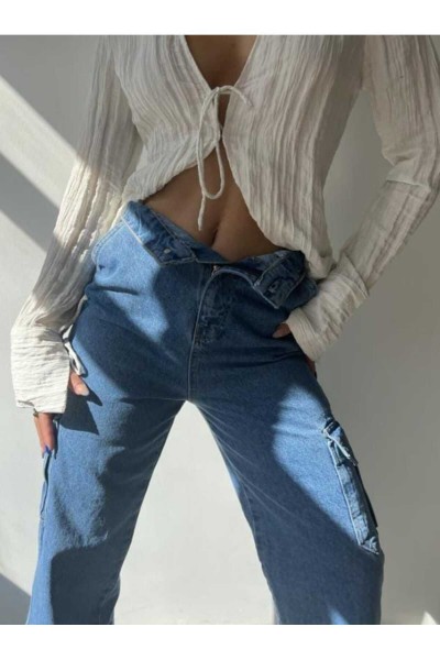 Arka Cepsiz Orta Mavi Likralı Model Kargo Palazzo Pantolon