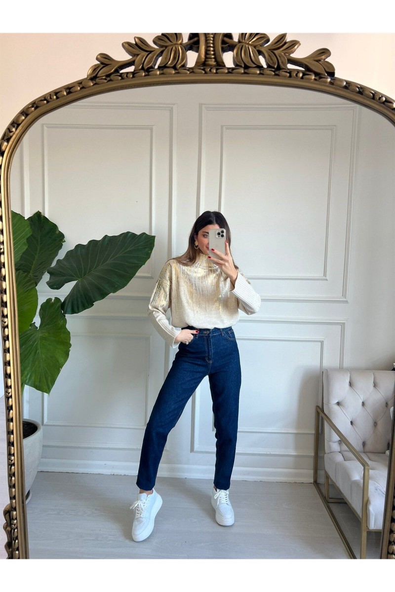 Yüksek Bel Likralı Koyu Mavi Mom Jeans Yüksek Bel Likralı Koyu Mavi Mom Jeans