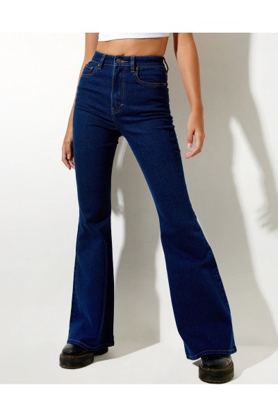 Flare Jeans Koyu Mavi Solmaz Ispanyol Yüksek Bel