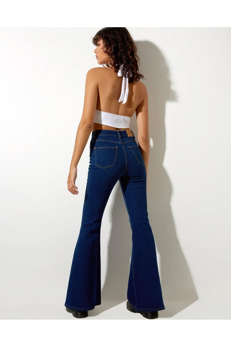 Flare Jeans Koyu Mavi Solmaz Ispanyol Yüksek Bel Flare Jeans Koyu Mavi Solmaz Ispanyol Yüksek Bel