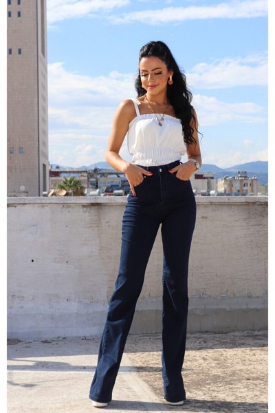 Flare Jeans Koyu Mavi Solmaz Ispanyol Yüksek Bel