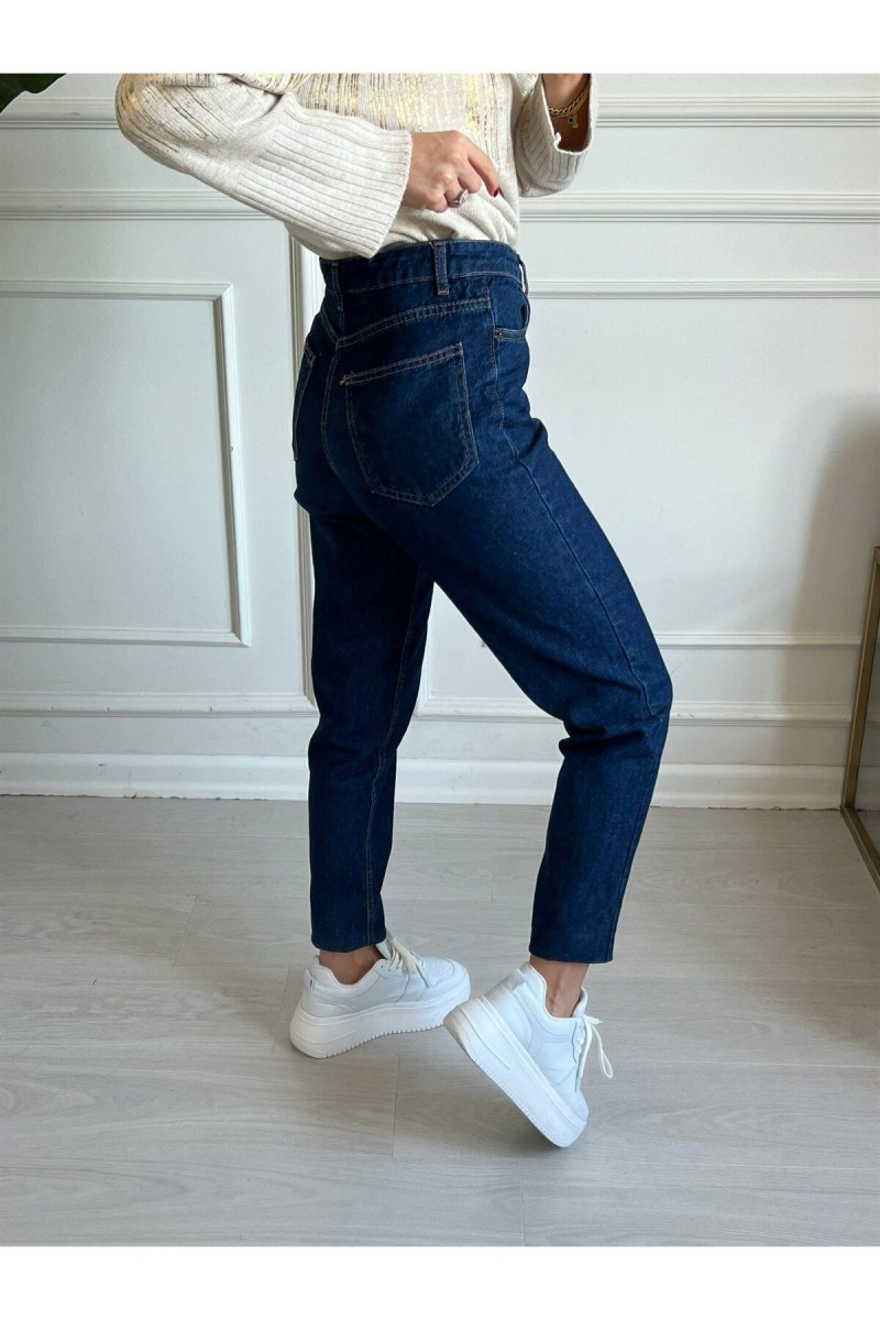 Yüksek Bel Likralı Koyu Mavi Mom Jeans Yüksek Bel Likralı Koyu Mavi Mom Jeans