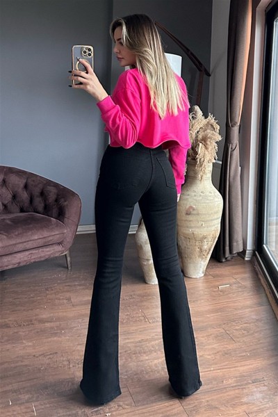 Siyah Solmaz Ispanyol Yüksek Bel Flare Jeans