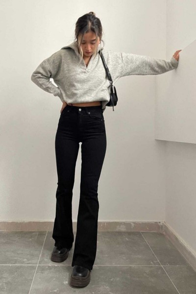 Flare Jeans Siyah Solmaz Ispanyol Yüksek Bel