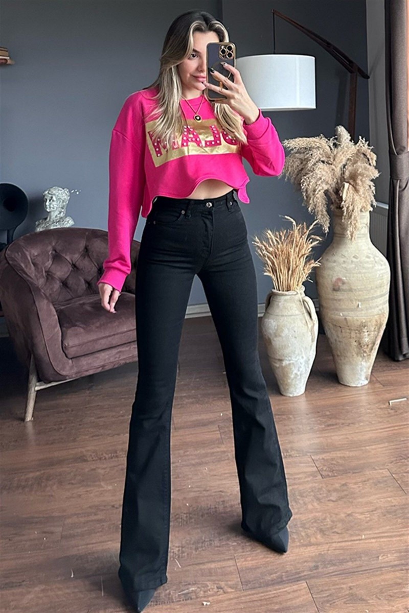 Siyah Solmaz Ispanyol Yüksek Bel Flare Jeans