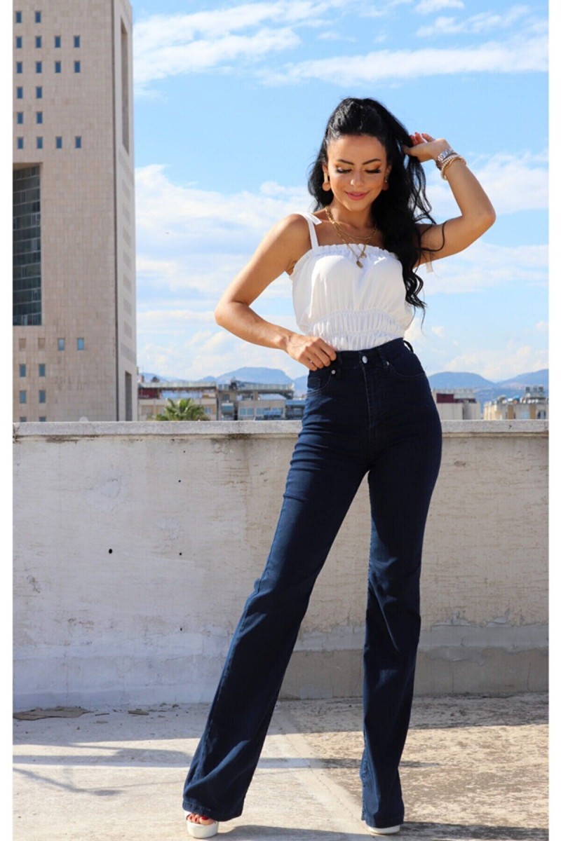 Flare Jeans Koyu Mavi Solmaz Ispanyol Yüksek Bel Flare Jeans Koyu Mavi Solmaz Ispanyol Yüksek Bel