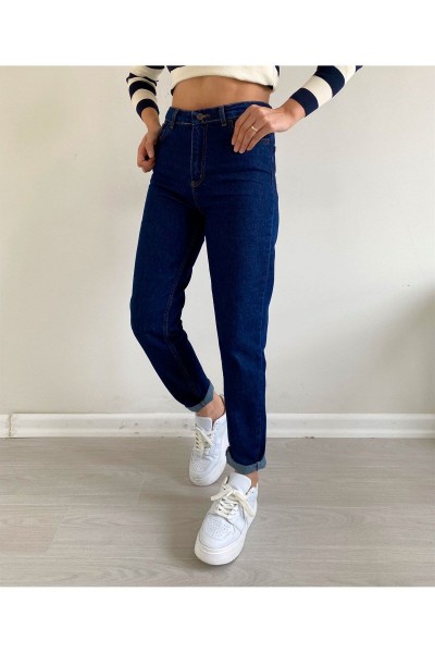 Yüksek Bel Likralı Koyu Mavi  Mom Jeans