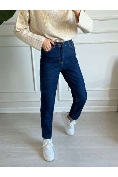 Yüksek Bel Likralı Koyu Mavi  Mom Jeans