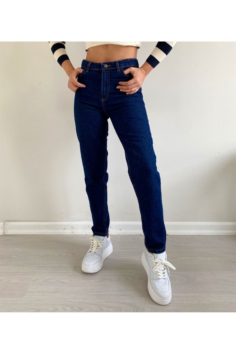 Yüksek Bel Likralı Koyu Mavi Mom Jeans Yüksek Bel Likralı Koyu Mavi Mom Jeans